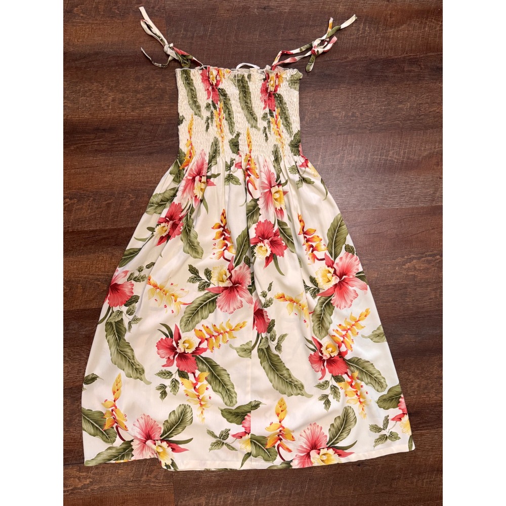 Two Palms Made in Hawaii Tropical Floral Smocked Midi Dress Size Small Rayon